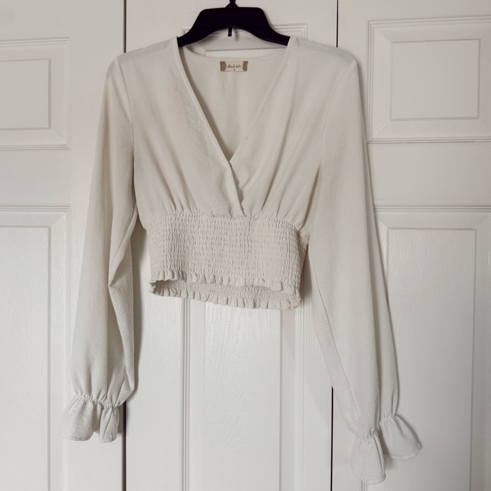 Altar'd State Cream Long Sleeve Surplice Smocked Waist Blouse